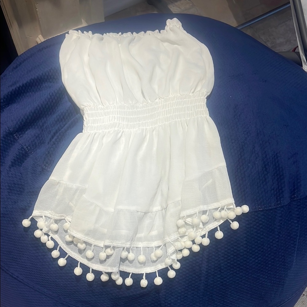 Ramy Brook White Strapless Coverup with Pom Pom Trim